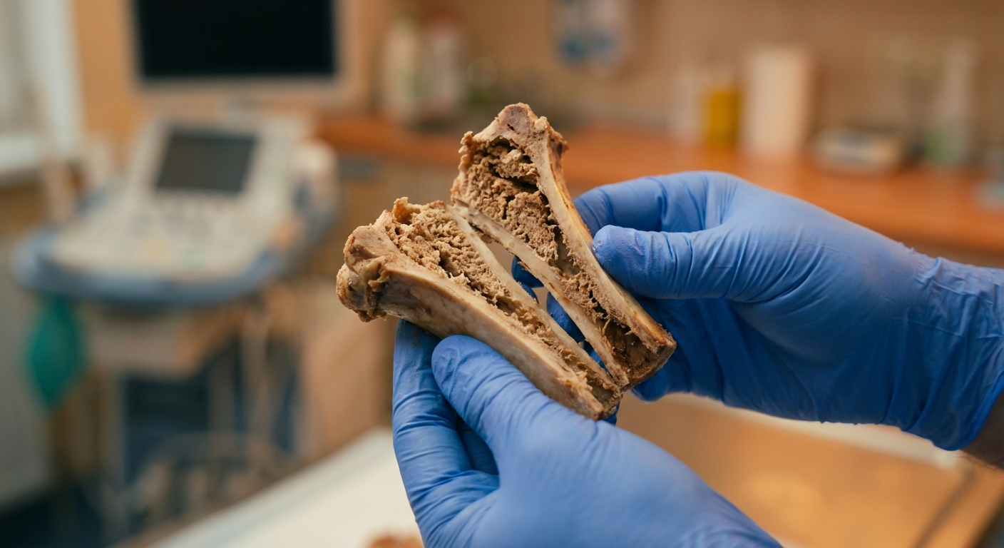 Vétérinaire montrant la fragilité d'un os d'agneau après cuisson