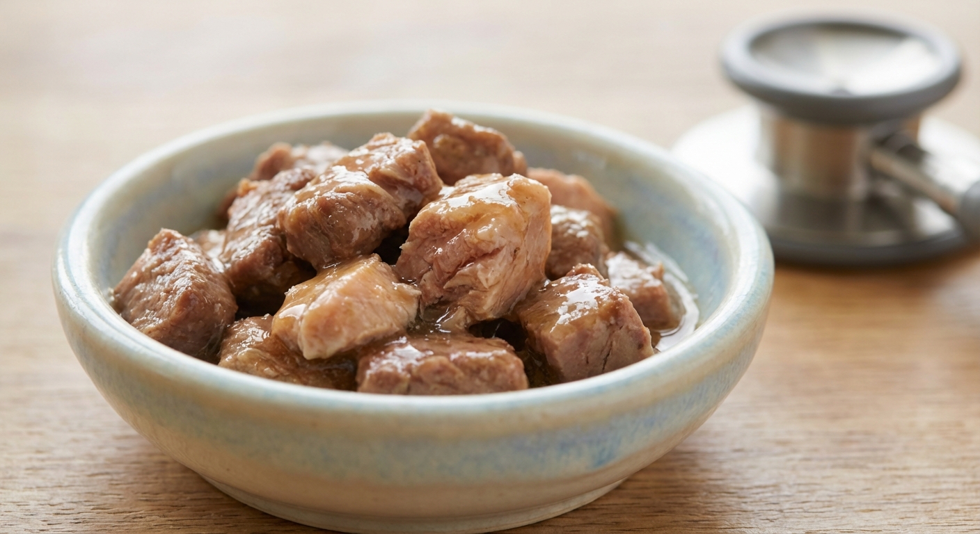 Gros plan macro sur la texture des bouchées en sauce pour chat avec un stéthoscope en arrière-plan.