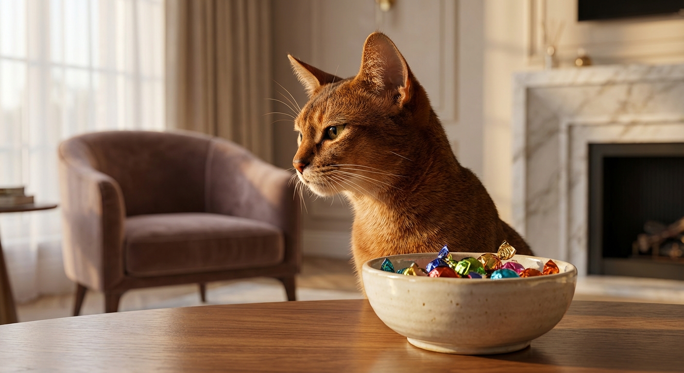 Chat Abyssin se détournant d'un bol de friandises sucrées dans un intérieur moderne.