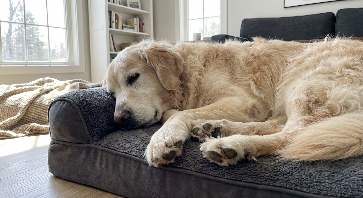 Chien retraité se reposant confortablement dans son nouveau foyer