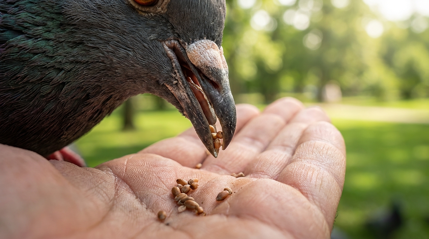 Gros plan d'un pigeon mangeant des graines dans la main d'un homme