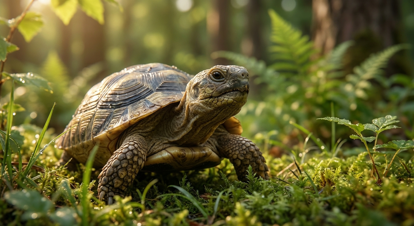 Une tortue terrestre dans une forêt luxuriante réagissant à son environnement sonore.