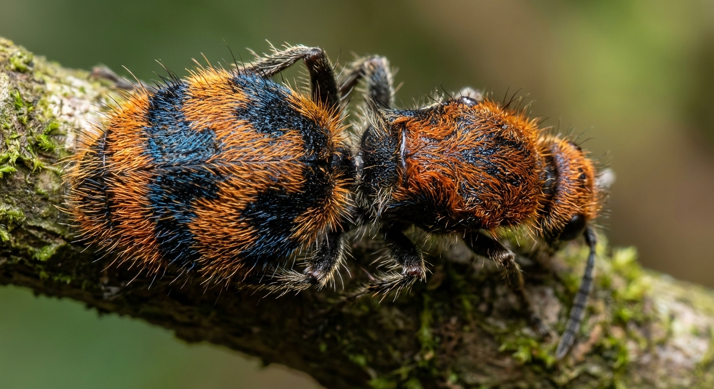 Gros plan macro sur les textures et les poils colorés de l'armure d'une guêpe sans ailes