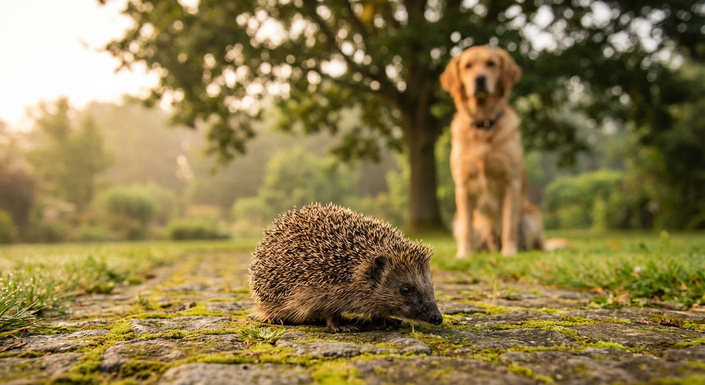 Hérisson en mouvement dans un jardin sous l'œil attentif d'un chien domestique