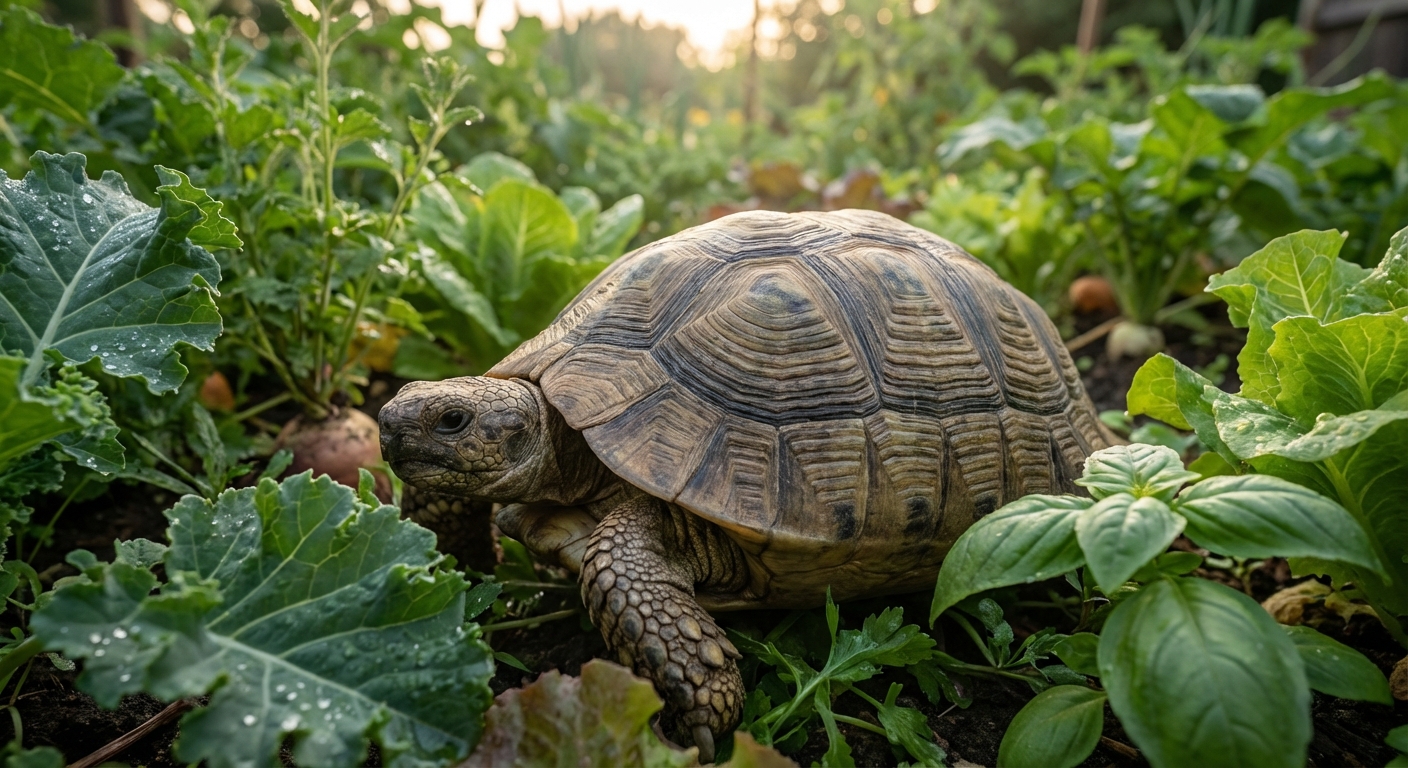 Tortue terrestre évoluant naturellement parmi les plantes et les légumes d'un potager.