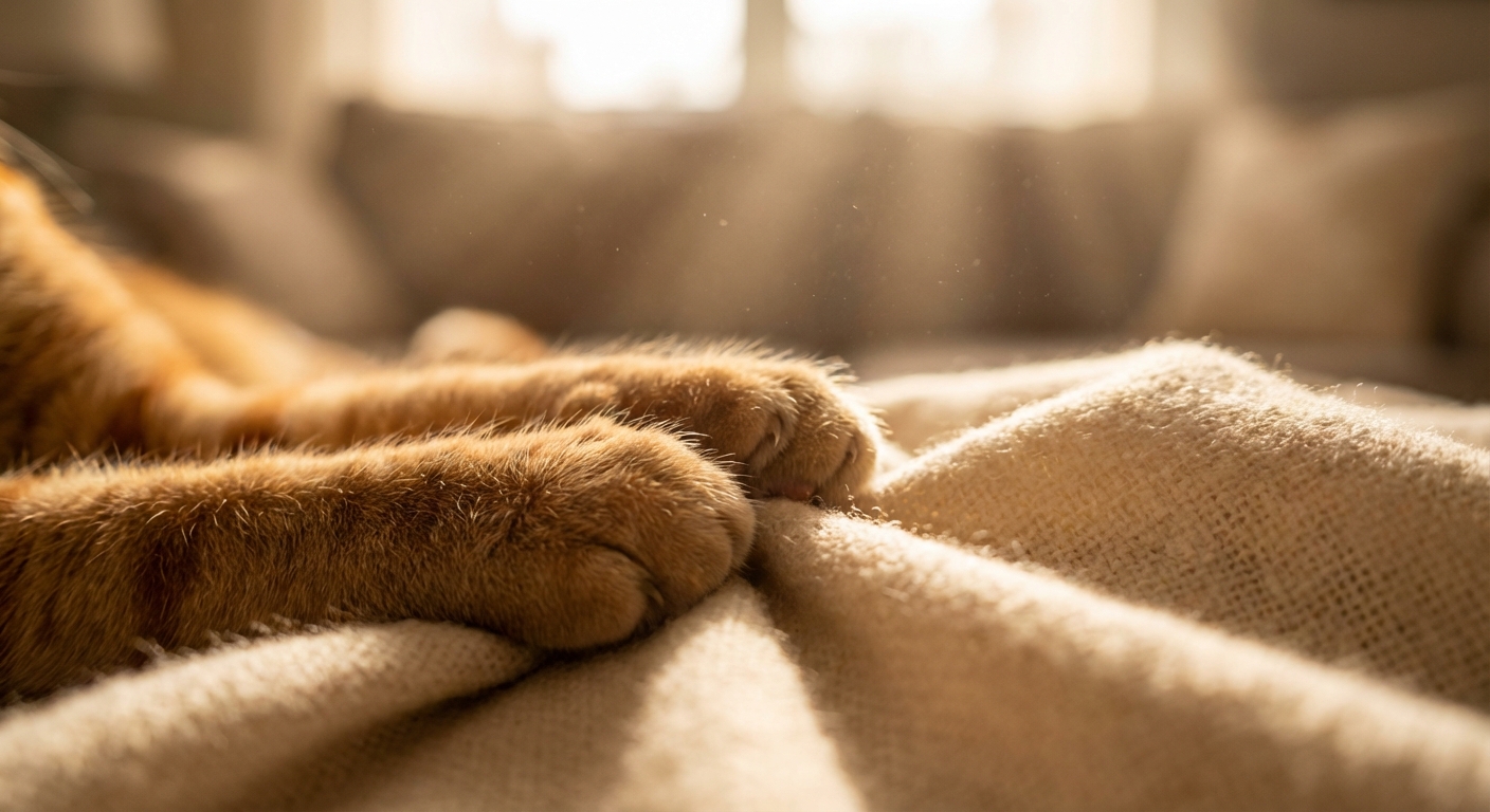 Détail macro des pattes d'un chat pétrissant une couverture en cachemire.