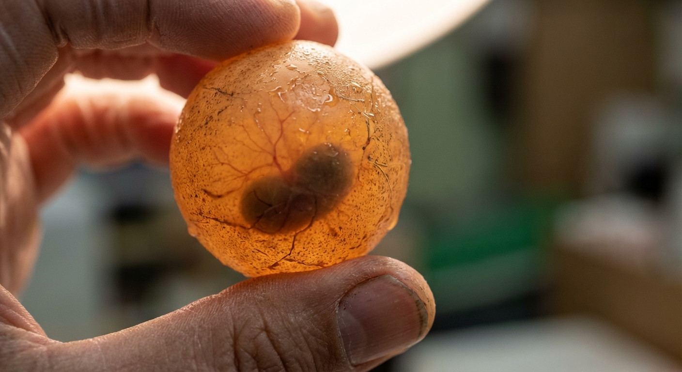 Examen d'un oeuf de tortue par mirage pour identifier s'il est fécondé.