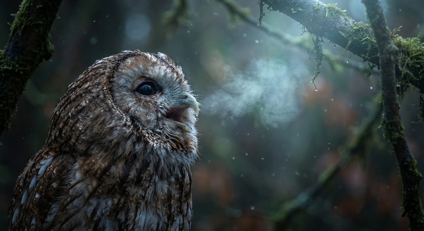 Oiseau nocturne en plein cri dans une forêt brumeuse, éclairage cinématographique