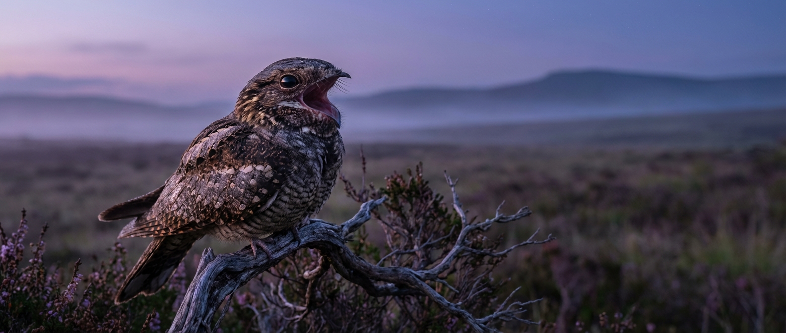 Un engoulevent d'Europe photographié de nuit dans la lande.