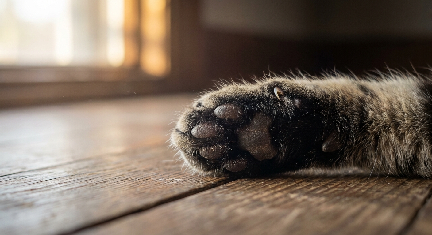Détail macro d'une patte de chat sur un parquet en bois