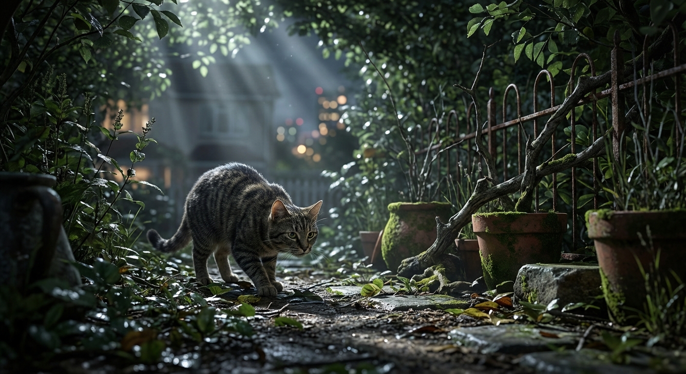 Un chat errant explorant prudemment un jardin sous la lumière de la lune.