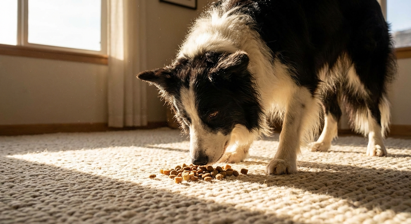Vue d'ensemble d'un chien manipulant sa nourriture avec son nez sur un tapis
