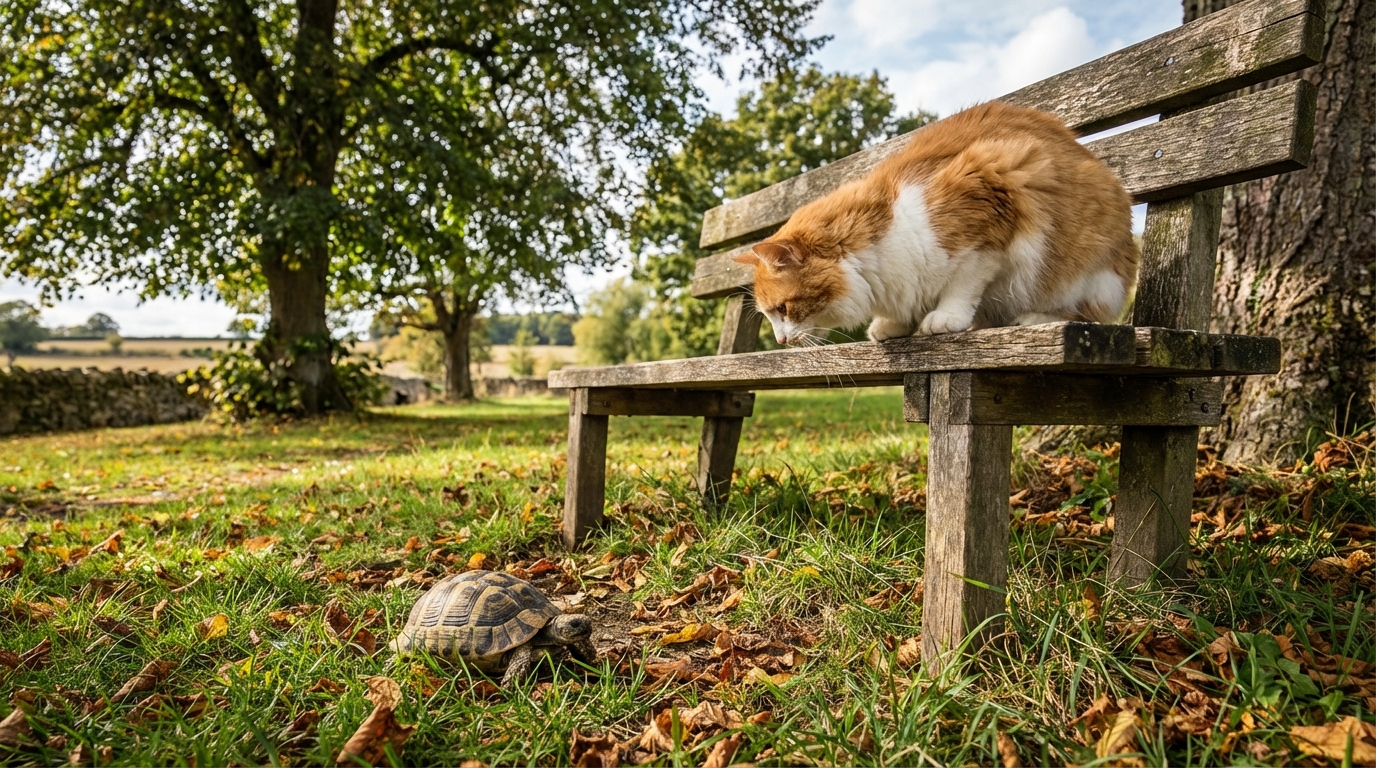 Un chat observant curieusement une tortue se déplaçant dans l'herbe d'un jardin.