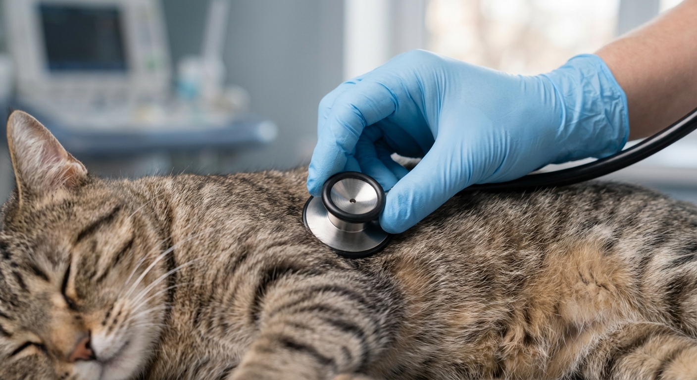 Gros plan d'un vétérinaire examinant avec soin un chat dans une clinique moderne.