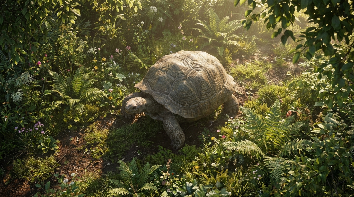 Vue d'ensemble d'une tortue de terre dans un jardin sauvage illustrant son environnement de vie.