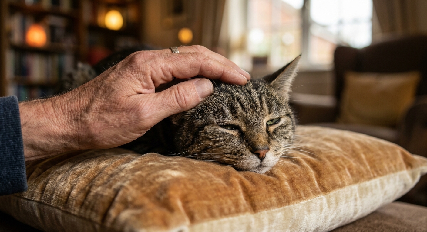 Une main caressant avec douceur un chat de 17 ans se reposant sur un coussin confortable.
