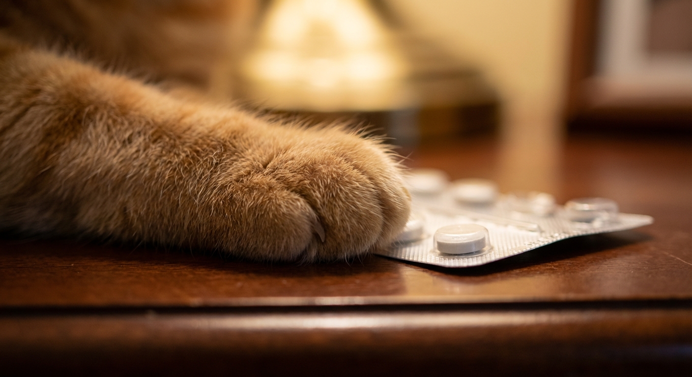 Détail macro d'une patte de chat à côté d'une plaquette de médicaments sur une table en bois, illustrant le contexte médical.