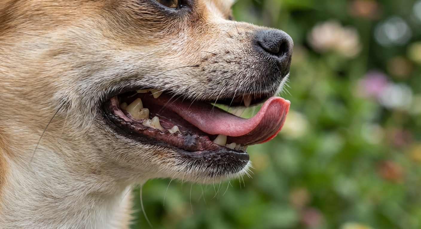 Détail macro de la mâchoire et de la langue d'un chihuahua en plein air.