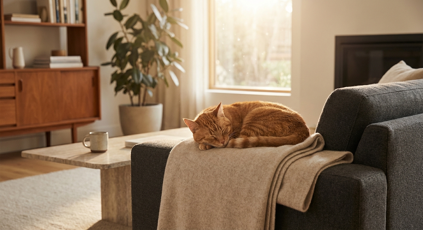 Chat détendu se reposant confortablement sur un plaid luxueux dans un salon moderne.