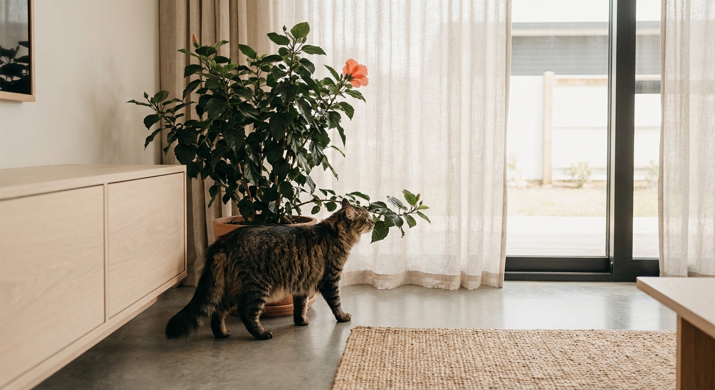 Chat domestique examinant une plante d'hibiscus en pot dans un intérieur moderne et lumineux.