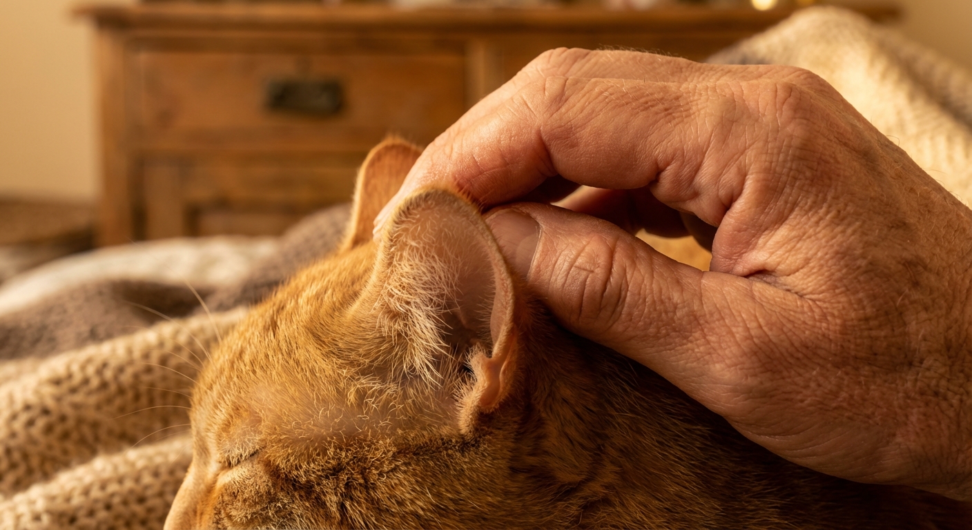 Gros plan d'une main caressant l'oreille d'un chat, symbolisant l'application délicate du Mirataz.