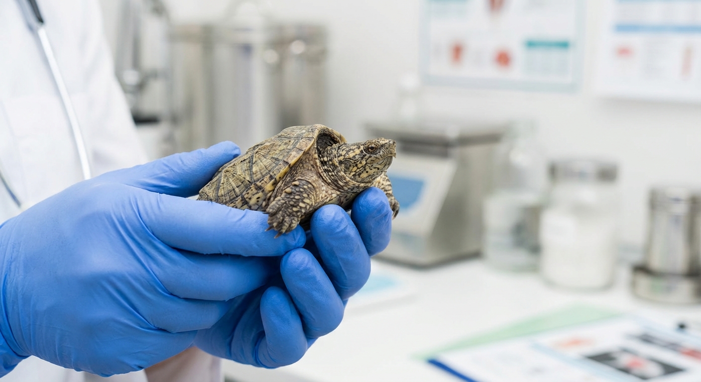 Gros plan de mains gantées manipulant avec précaution une petite tortue.