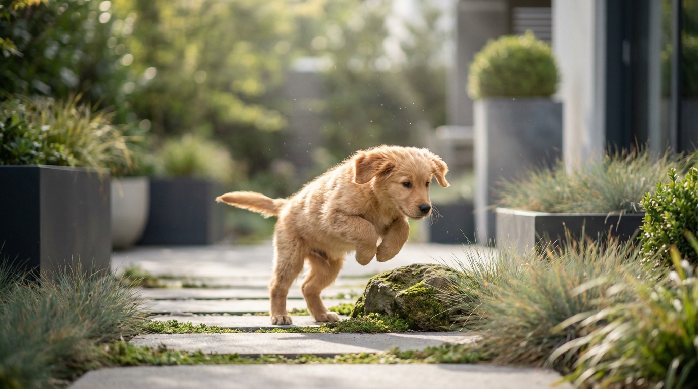 Chiot de trois mois explorant un jardin avec une lumière naturelle douce