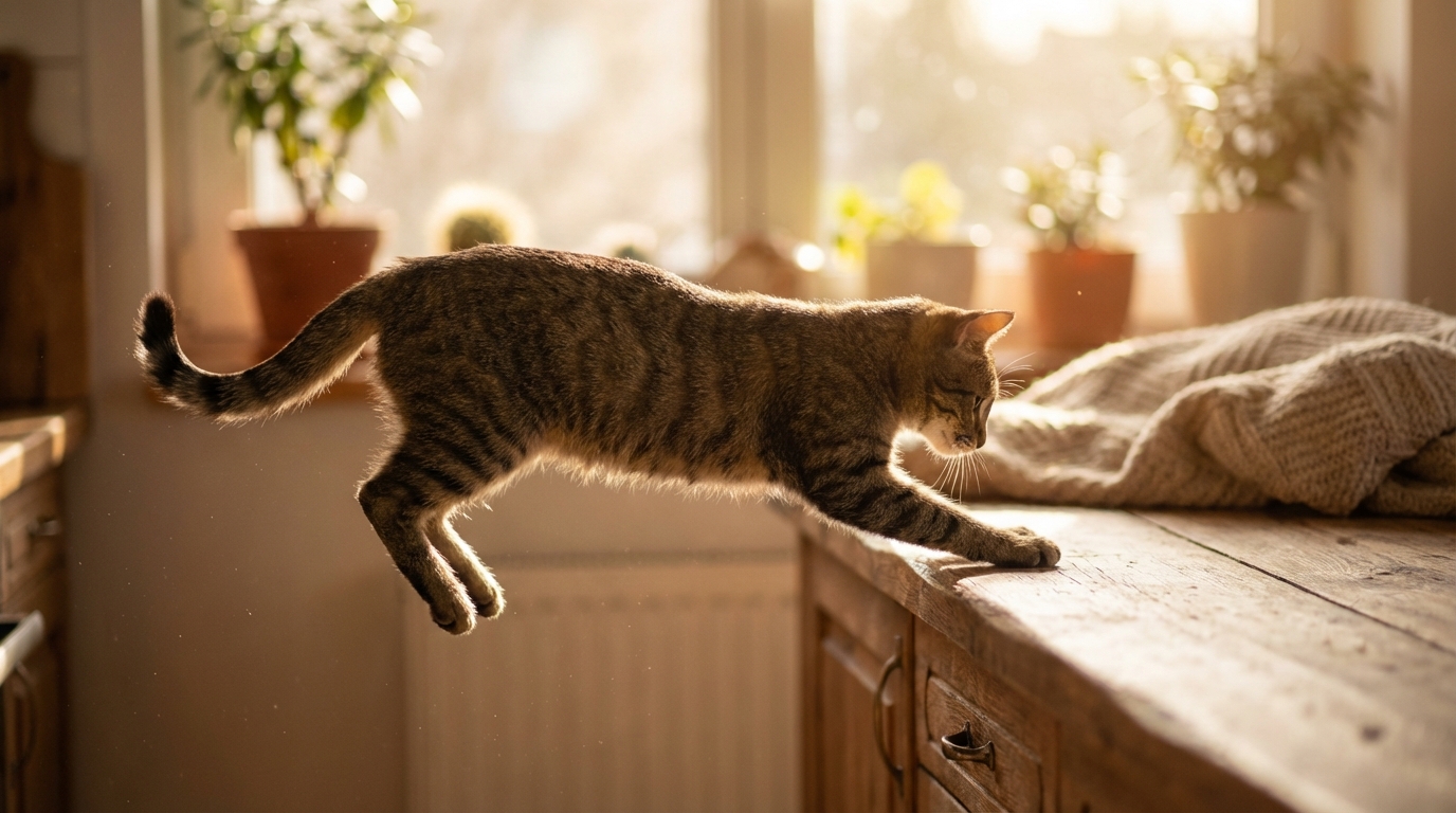 Chat faisant preuve d'agilité en sautant sur un meuble, illustrant l'efficacité du traitement sur l'arthrose.
