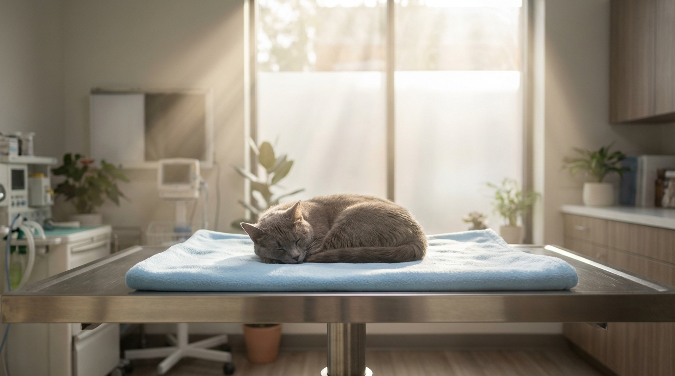 Environnement clinique apaisant lors d'une séance de soin pour chat.