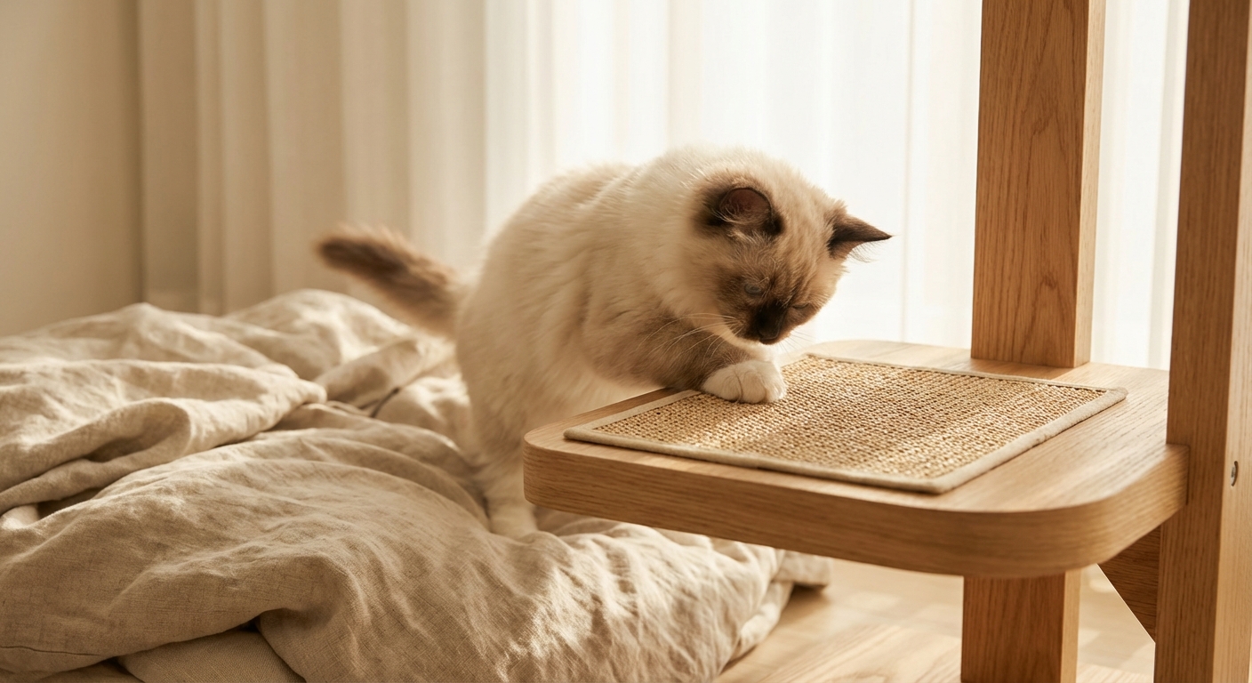 Chaton Ragdoll explorant son nouvel environnement préparé avec soin.
