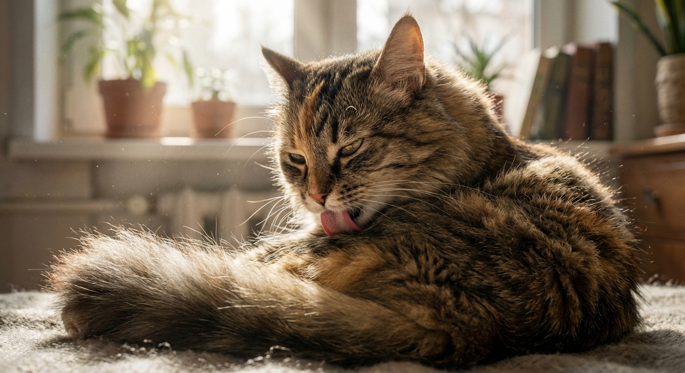 Détail de la fourrure soyeuse et du toilettage d'un chat croisé angora