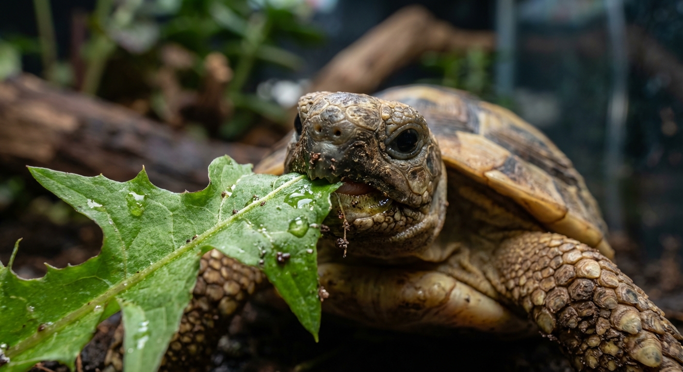 Gros plan macro d'un bébé tortue grecque en train de manger une feuille verte dans son terrarium.