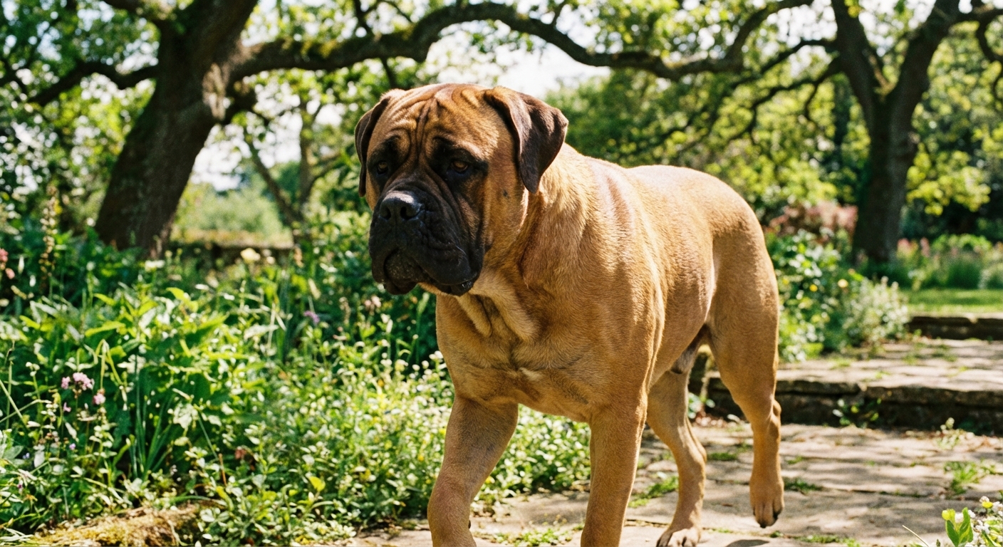 Bullmastiff fauve marchant sereinement dans un grand jardin ensoleillé.
