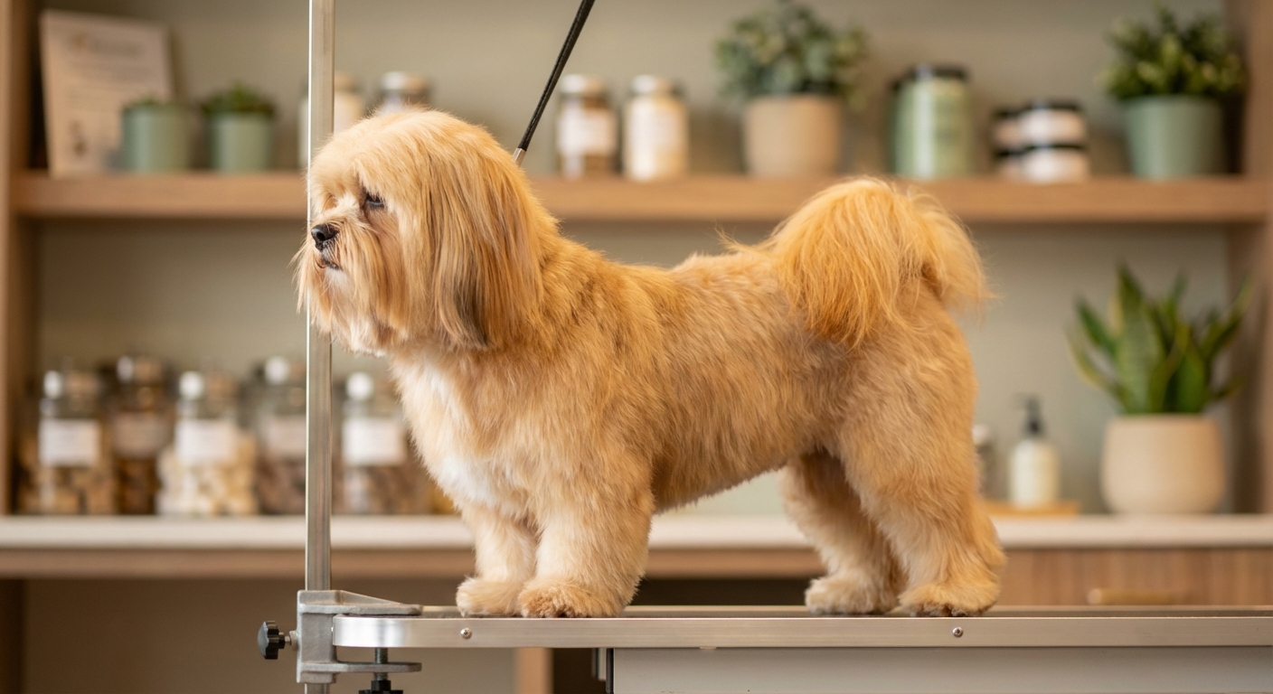 Vue de profil d'un Lhassa Apso arborant une coupe lion stylisée dans un salon de toilettage.
