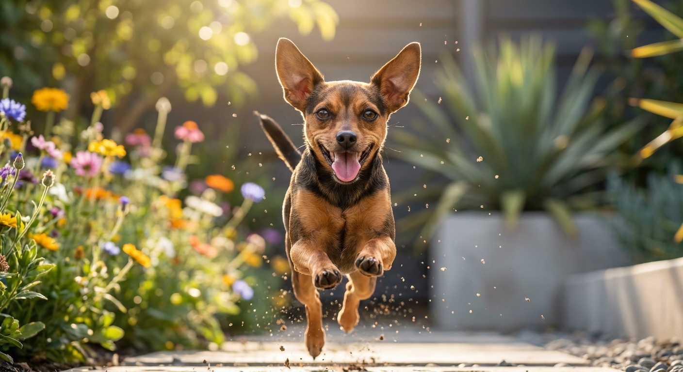 Pinscher nain croisé chihuahua plein d'énergie courant dans un jardin ensoleillé.