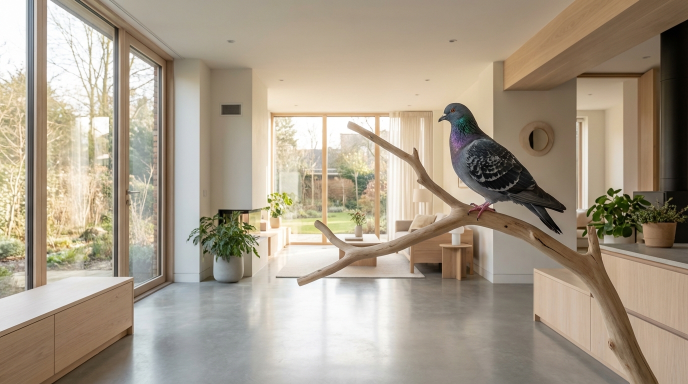 Un pigeon domestique paisible dans un intérieur moderne et épuré