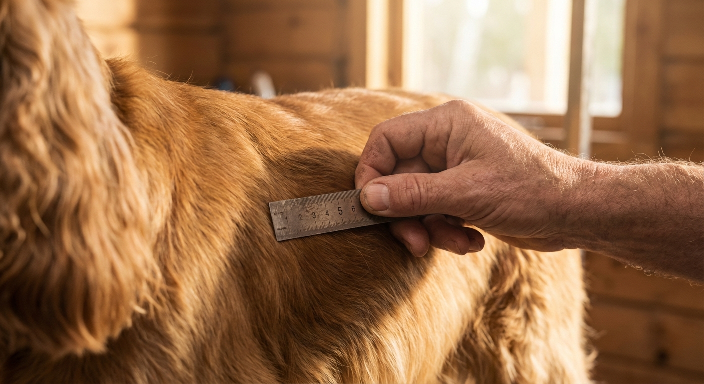 Main d'un expert vérifiant la longueur du poil sur un Cocker tondu pour déterminer le moment de la coupe.