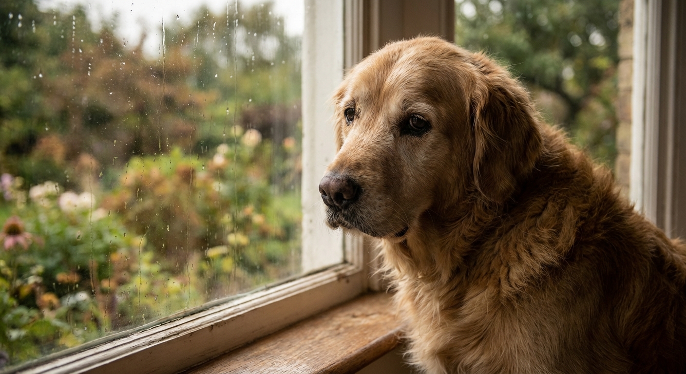 Un chien regardant par la fenêtre avec un air triste dans une ambiance de magazine de luxe.